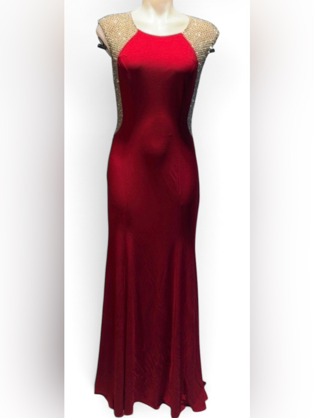 Xscape Red Backless Gown with Gold Detailing